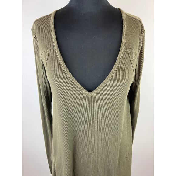 Free People Intimately Olive Green Ribbed Knit Deep V Neck Long Slv Top Large L - Picture 3 of 5